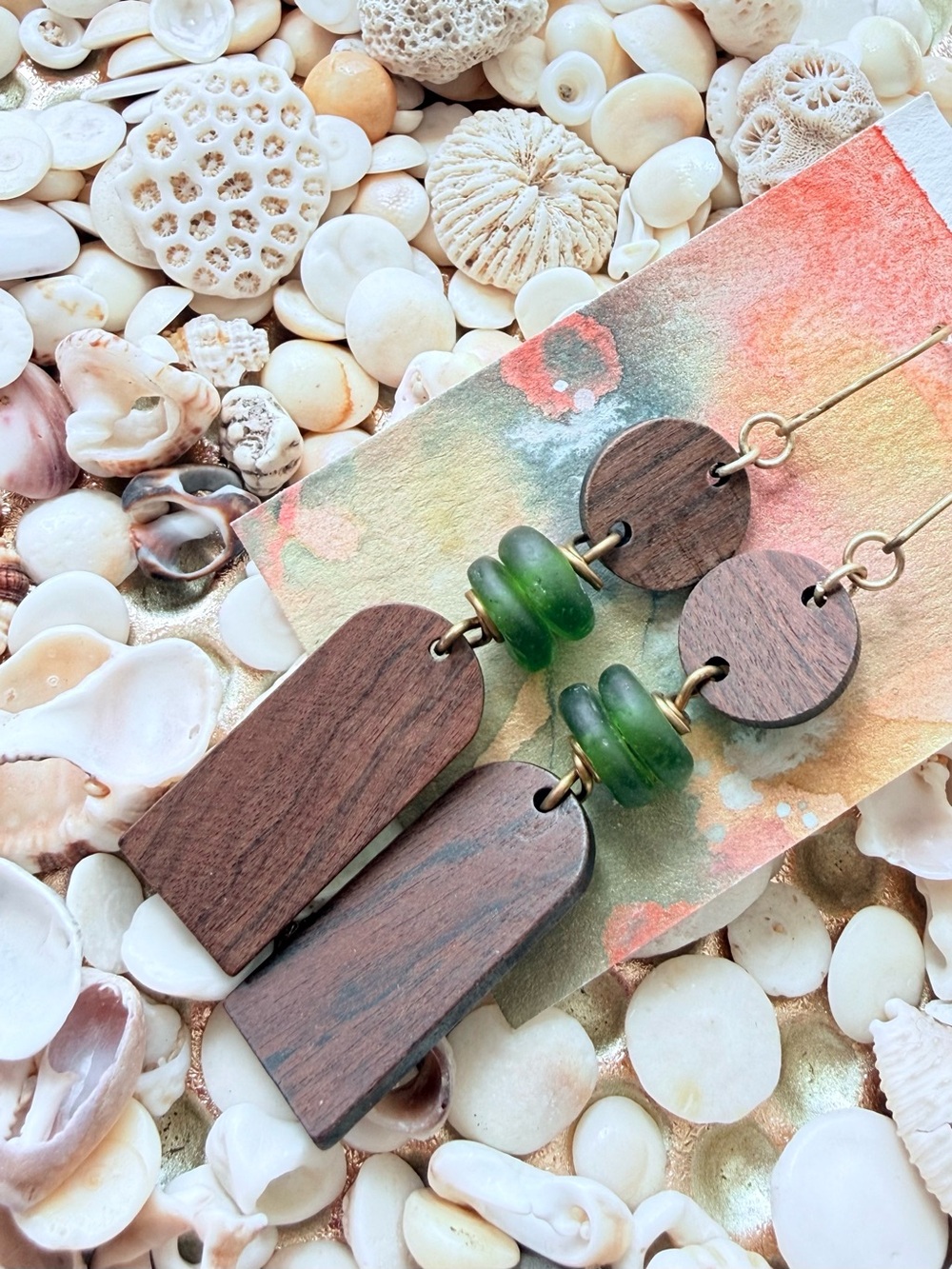 Recycled Green Glass & Dark Wood Drop Earrings - Handmade Jewelry